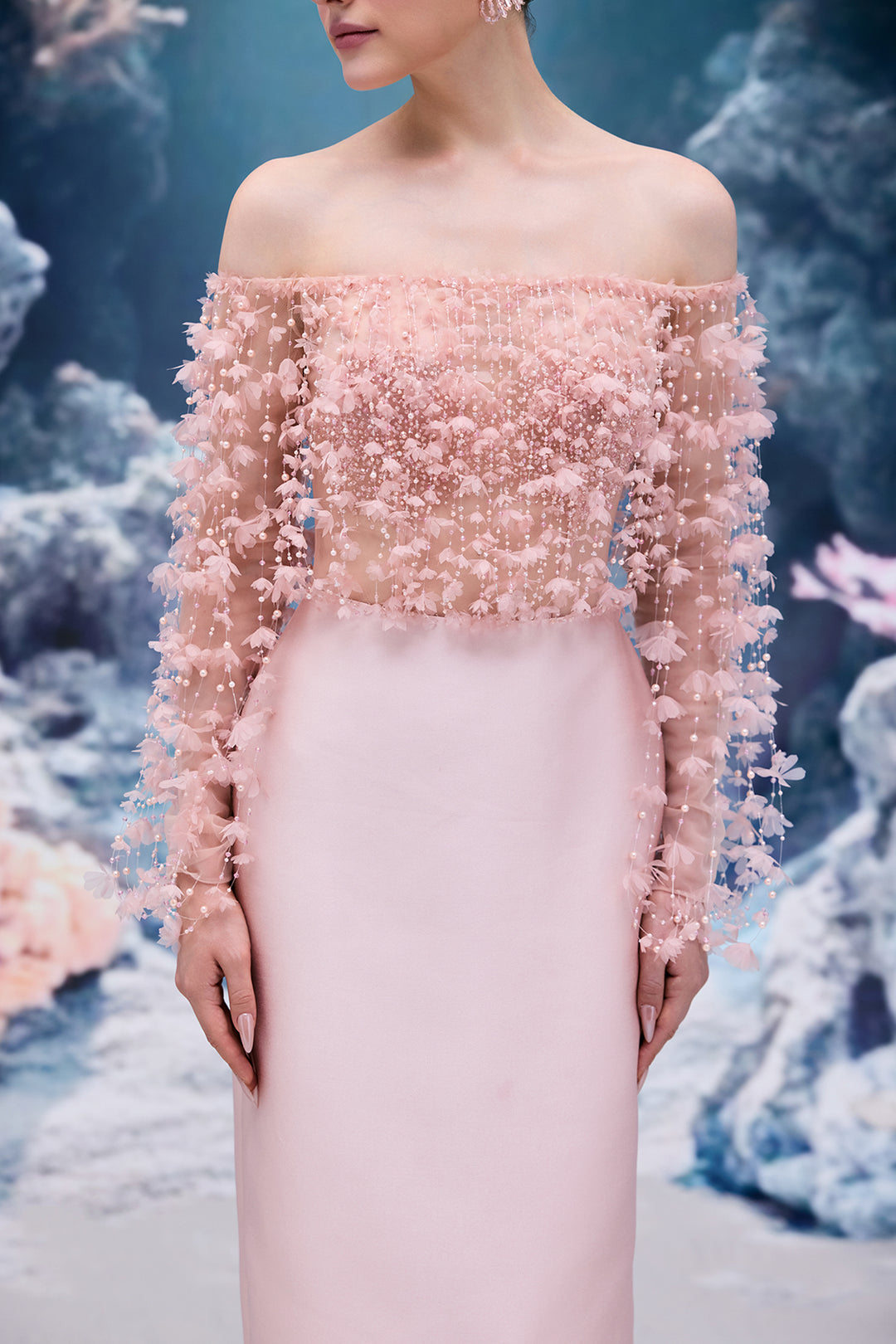Tulle and Royal Taffeta Dress with Off-The-Shoulder Neckline