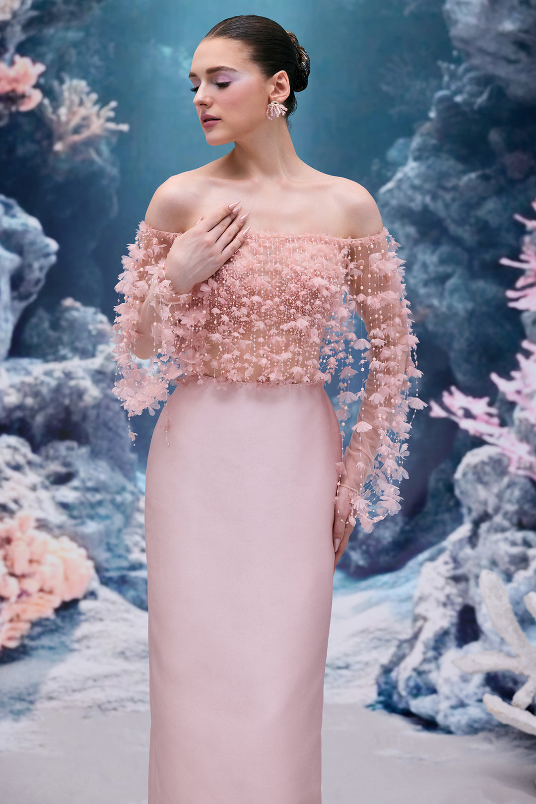 Tulle and Royal Taffeta Dress with Off-The-Shoulder Neckline