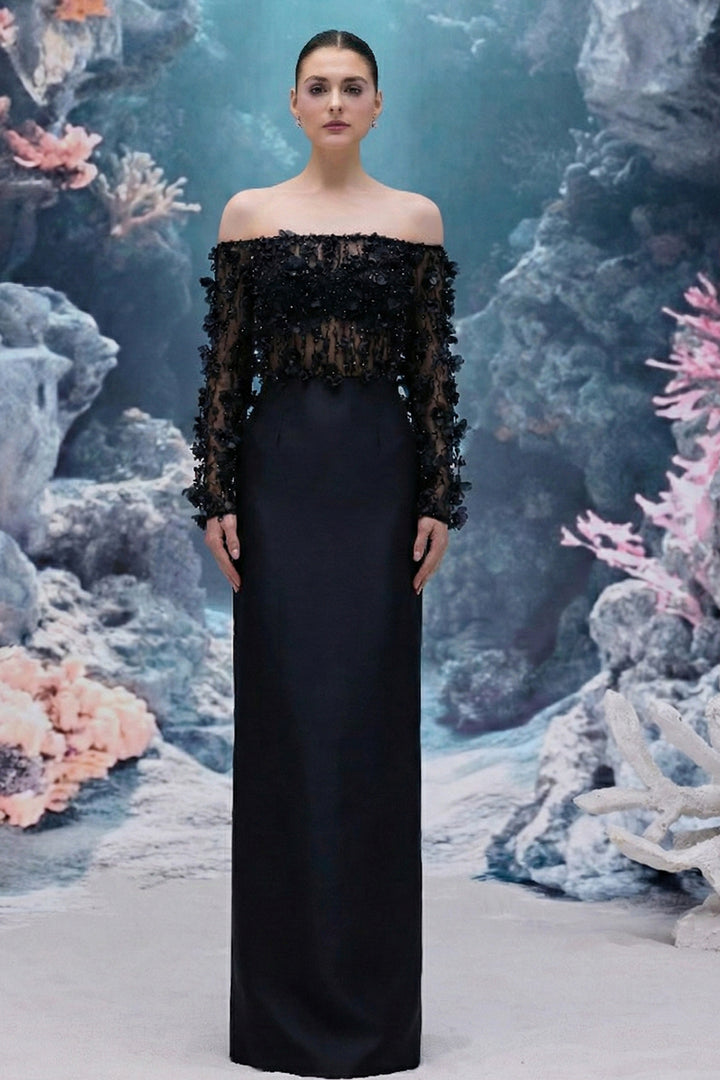 Tulle and Royal Taffeta Dress with Off-The-Shoulder Neckline