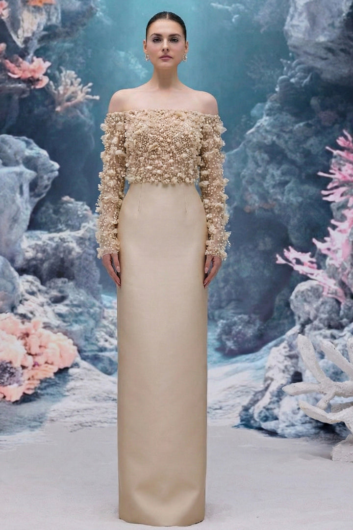 Tulle and Royal Taffeta Dress with Off-The-Shoulder Neckline