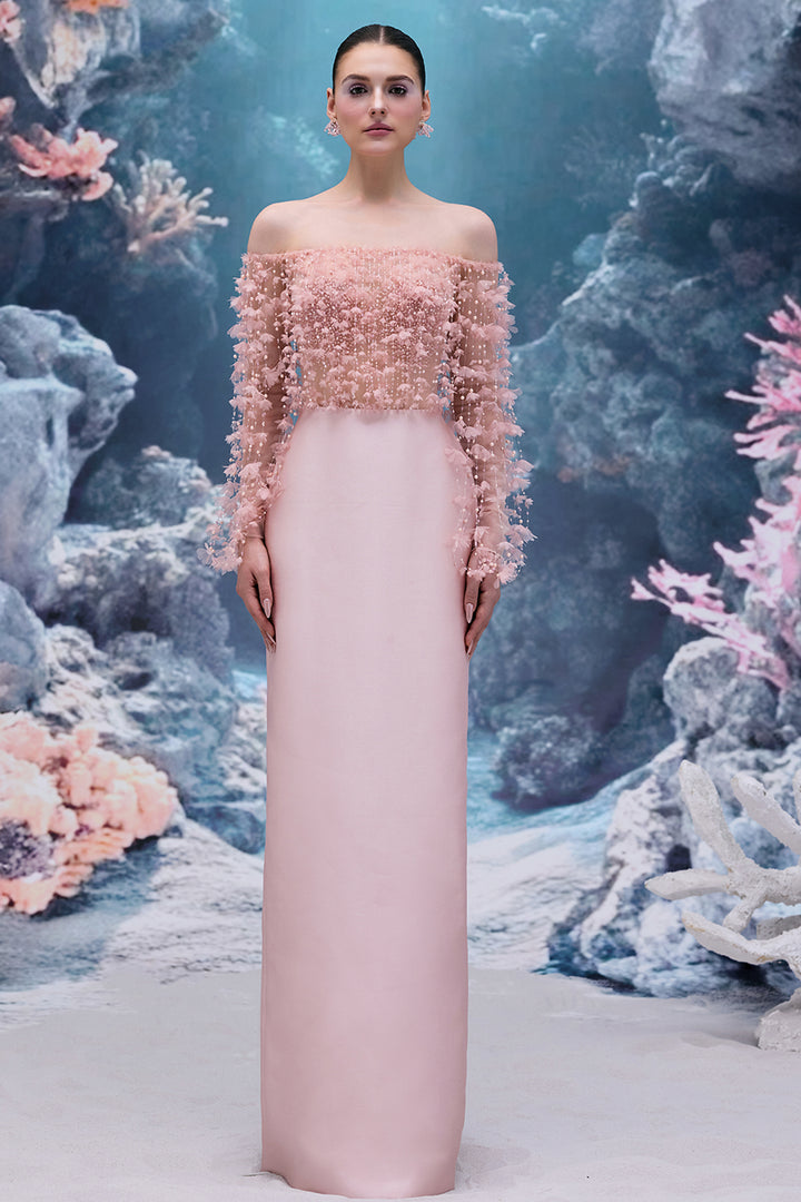 Tulle and Royal Taffeta Dress with Off-The-Shoulder Neckline