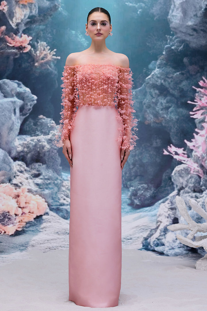 Tulle and Royal Taffeta Dress with Off-The-Shoulder Neckline