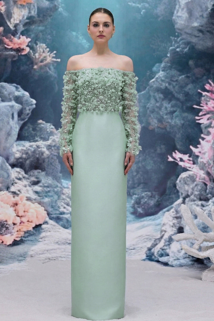 Tulle and Royal Taffeta Dress with Off-The-Shoulder Neckline
