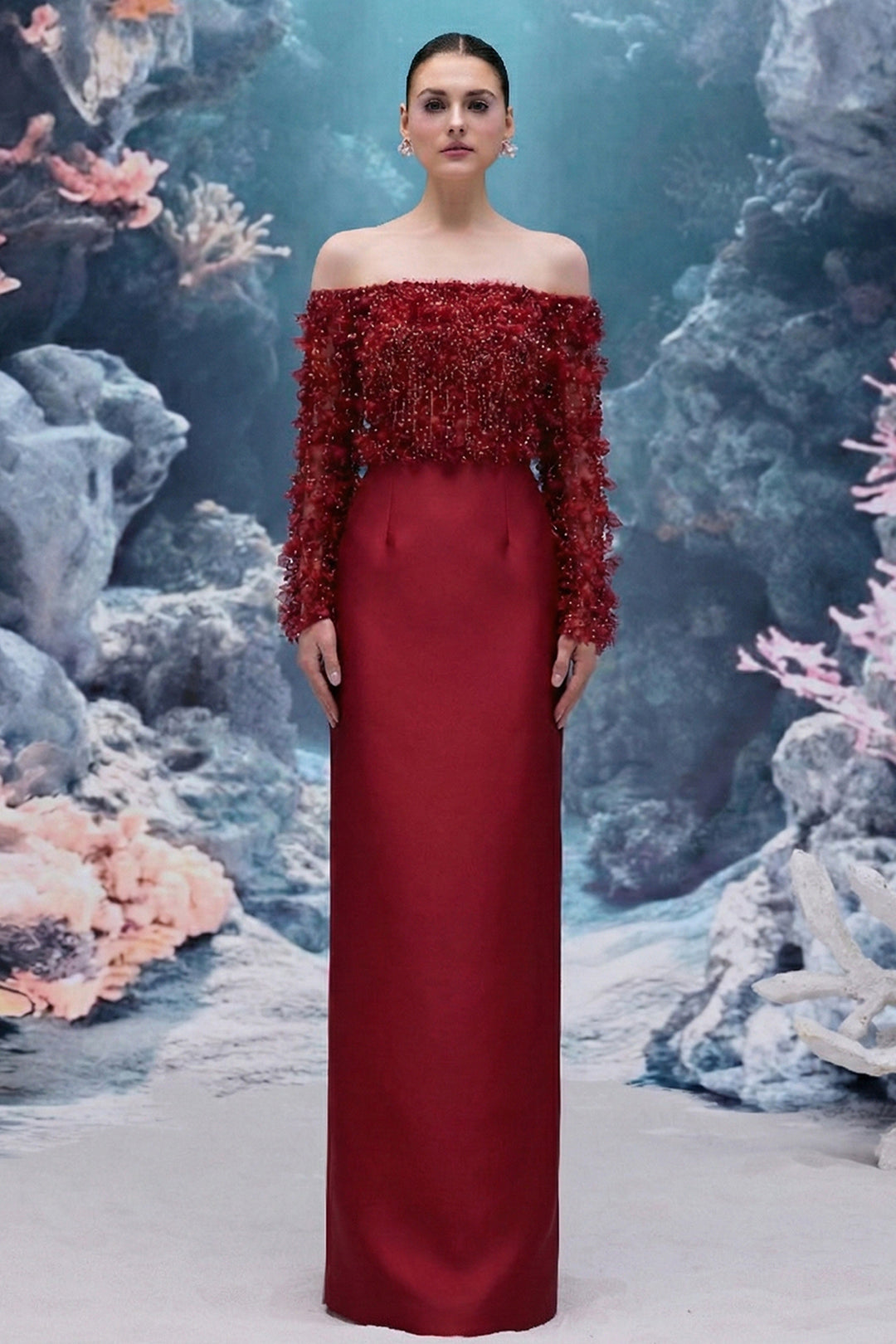 Tulle and Royal Taffeta Dress with Off-The-Shoulder Neckline