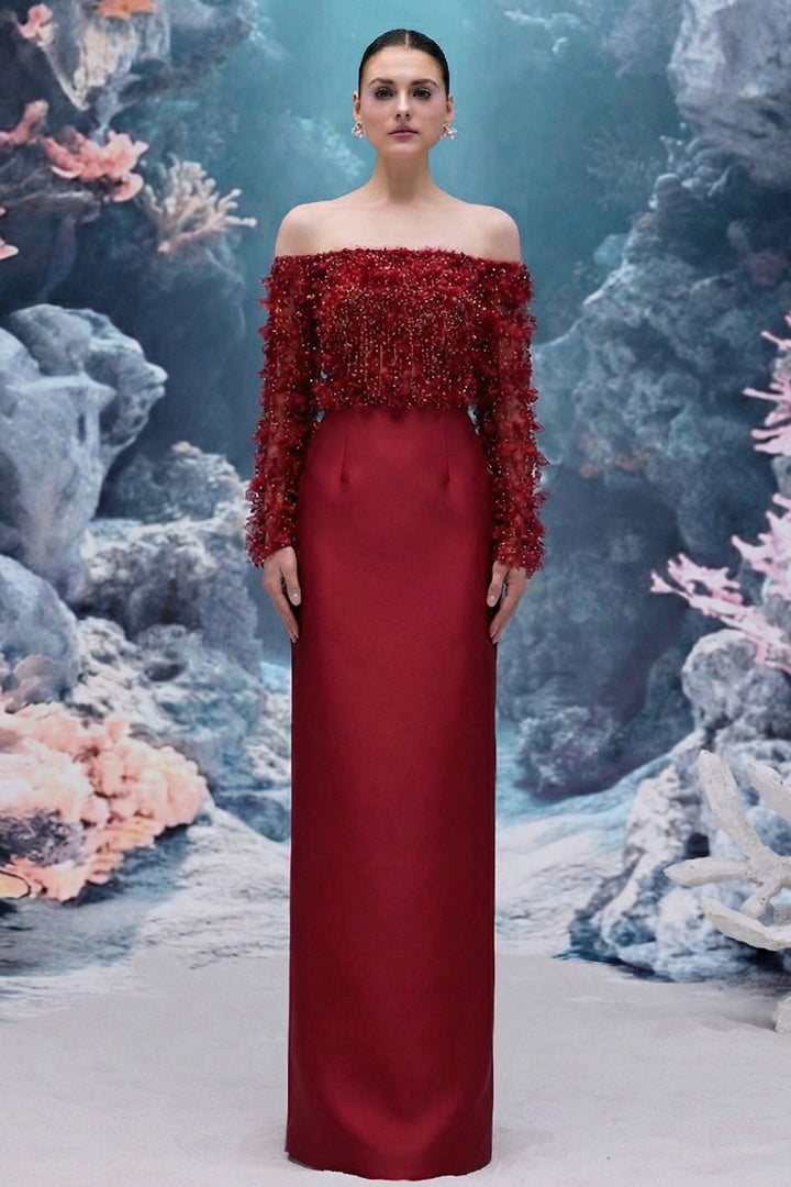 Tulle and Royal Taffeta Dress with Off-The-Shoulder Neckline