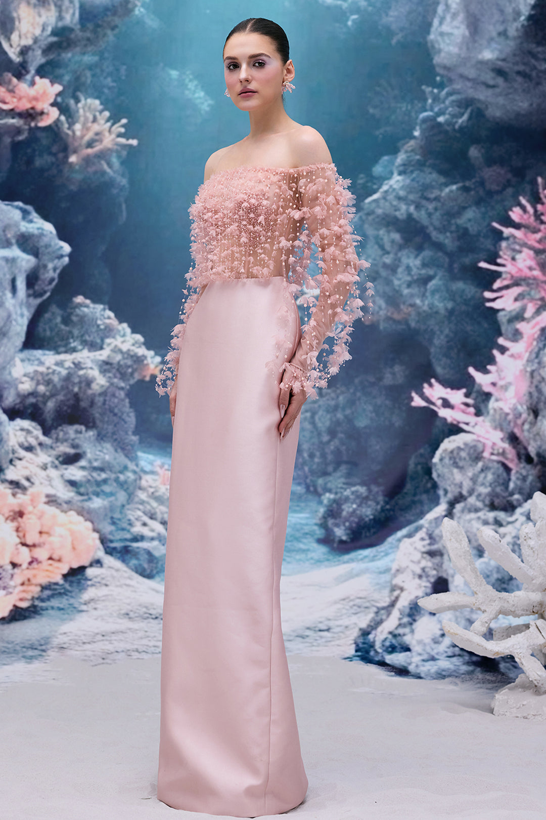 Tulle and Royal Taffeta Dress with Off-The-Shoulder Neckline