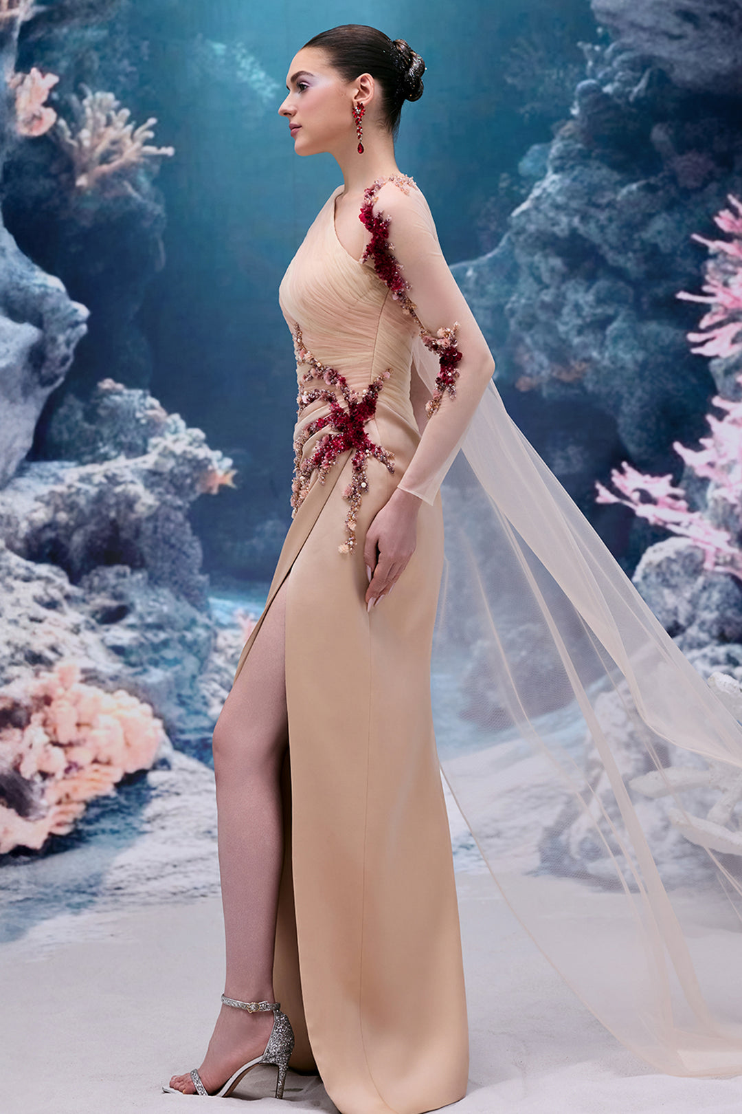 Draped Silk Satin V-neck Dress with 3D Embellishments