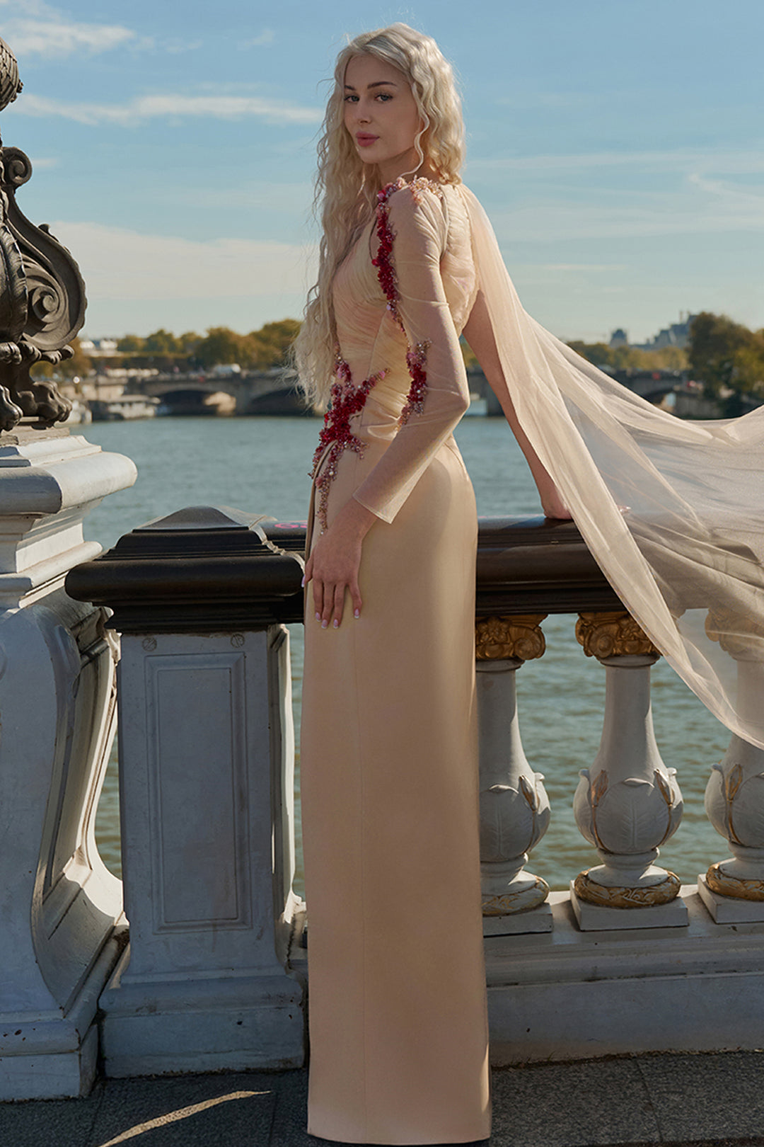 Draped Silk Satin V-neck Dress with 3D Embellishments