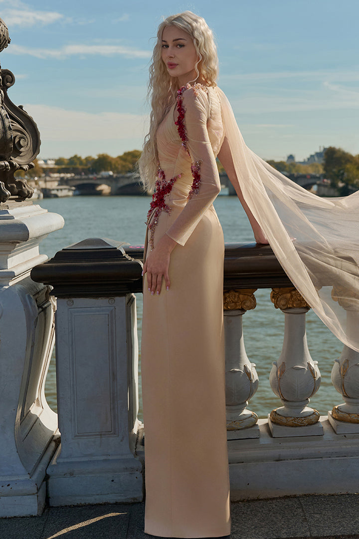 Draped Silk Satin V-neck Dress with 3D Embellishments