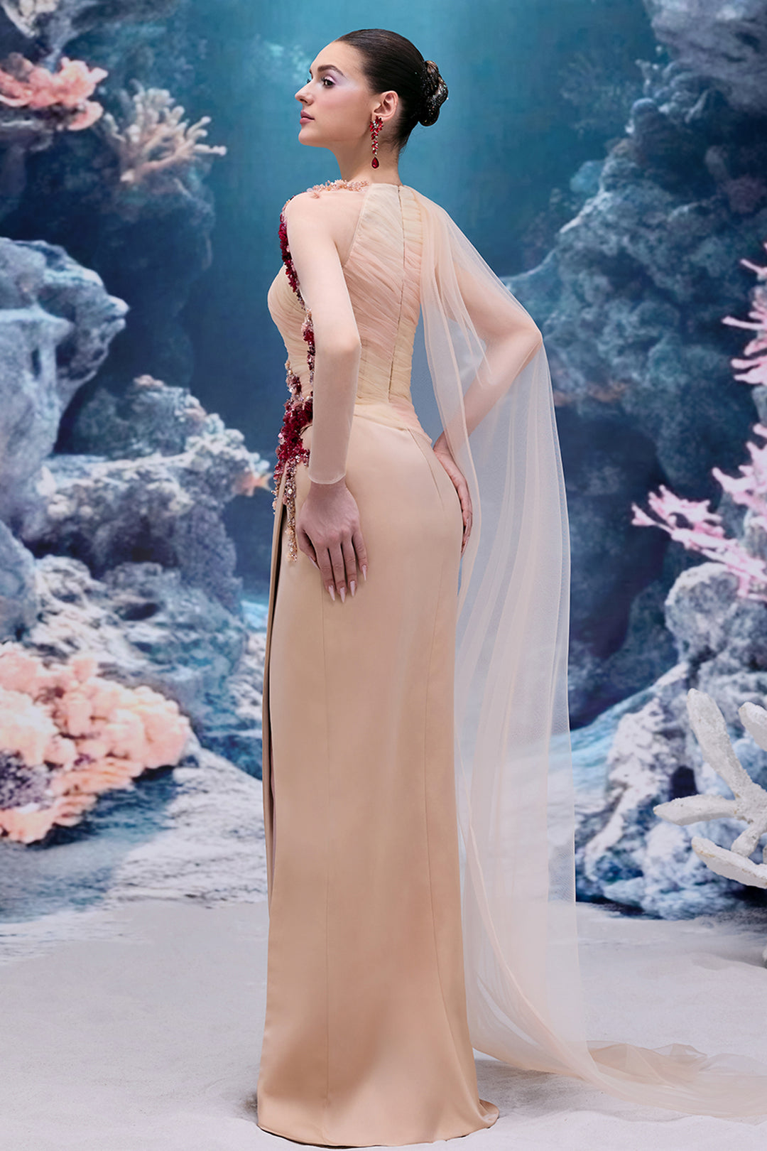 Draped Silk Satin V-neck Dress with 3D Embellishments