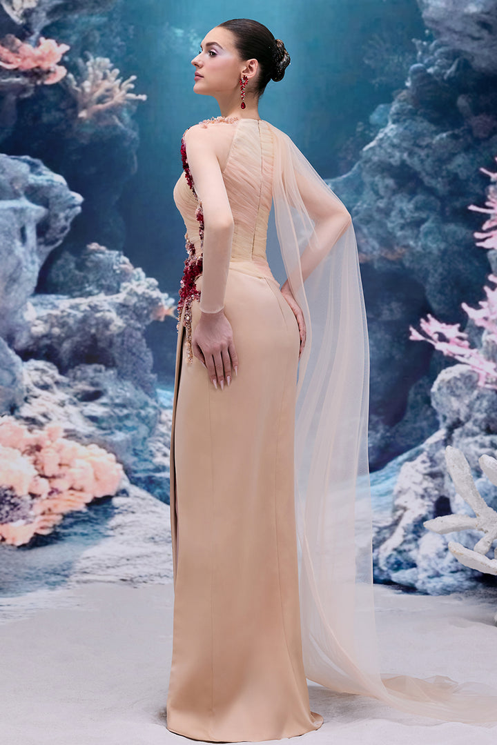 Draped Silk Satin V-neck Dress with 3D Embellishments