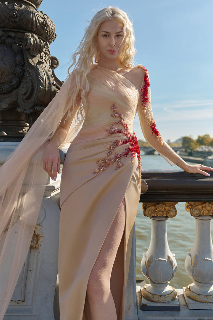 Draped Silk Satin V-neck Dress with 3D Embellishments