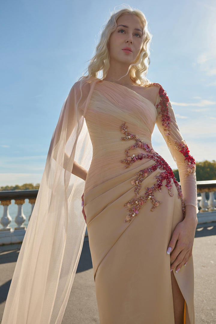 Draped Silk Satin V-neck Dress with 3D Embellishments