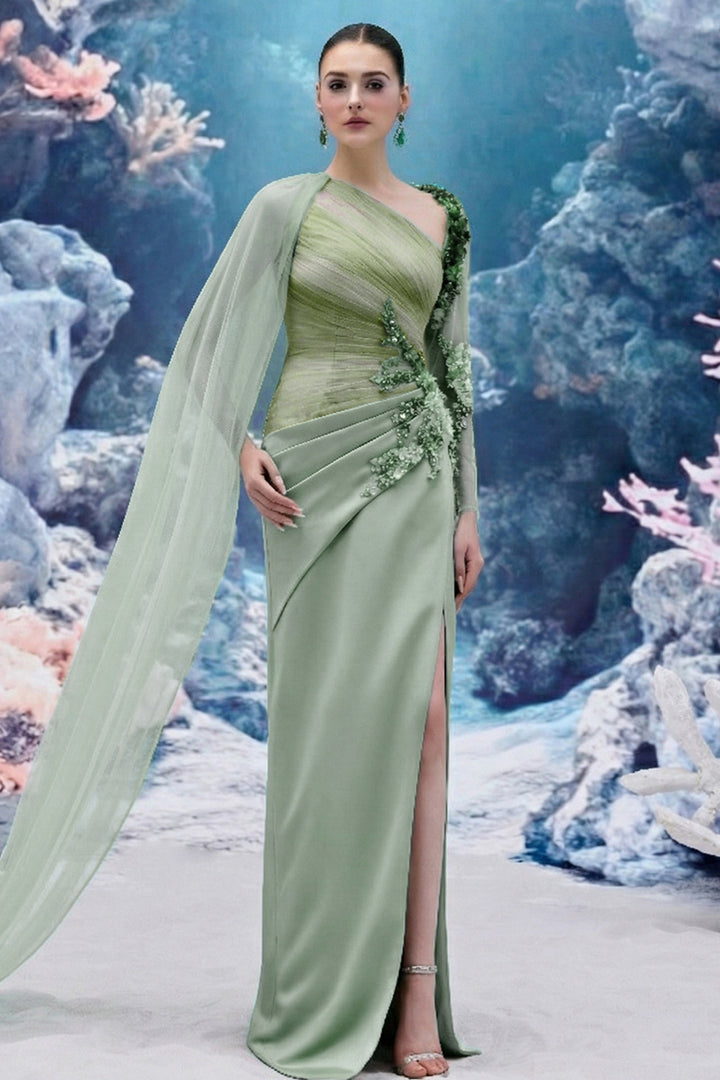 Draped Silk Satin V-neck Dress with 3D Embellishments