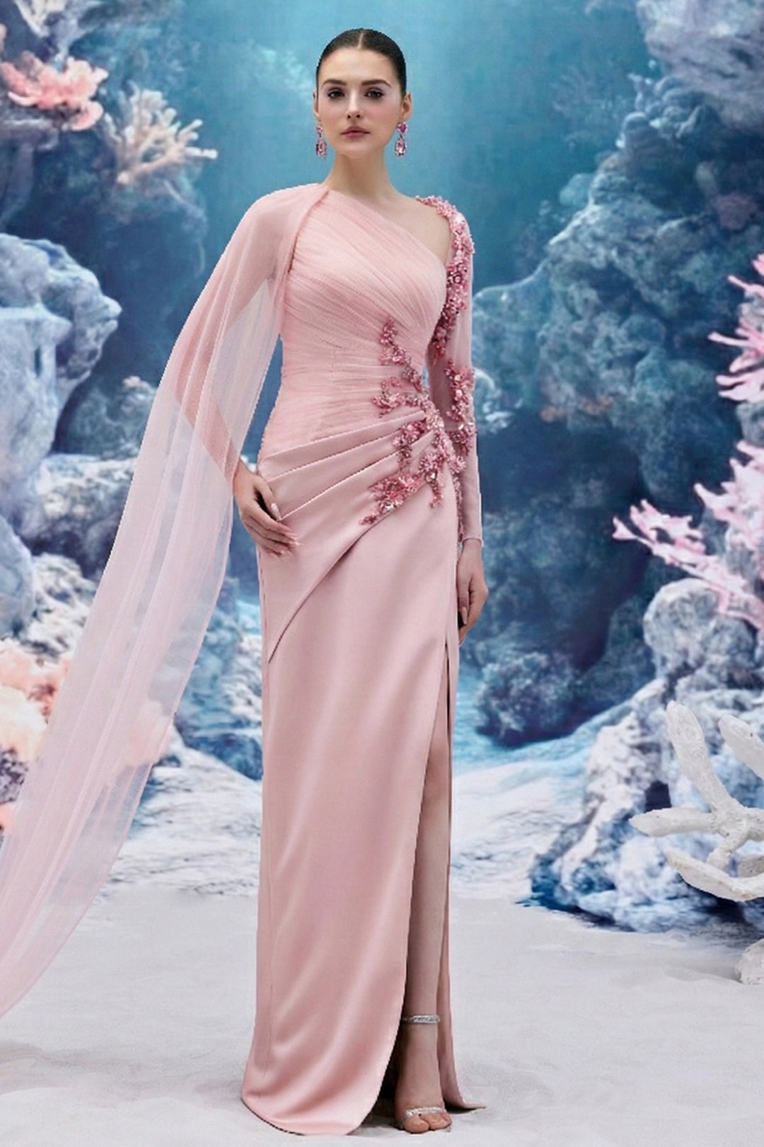 Draped Silk Satin V-neck Dress with 3D Embellishments