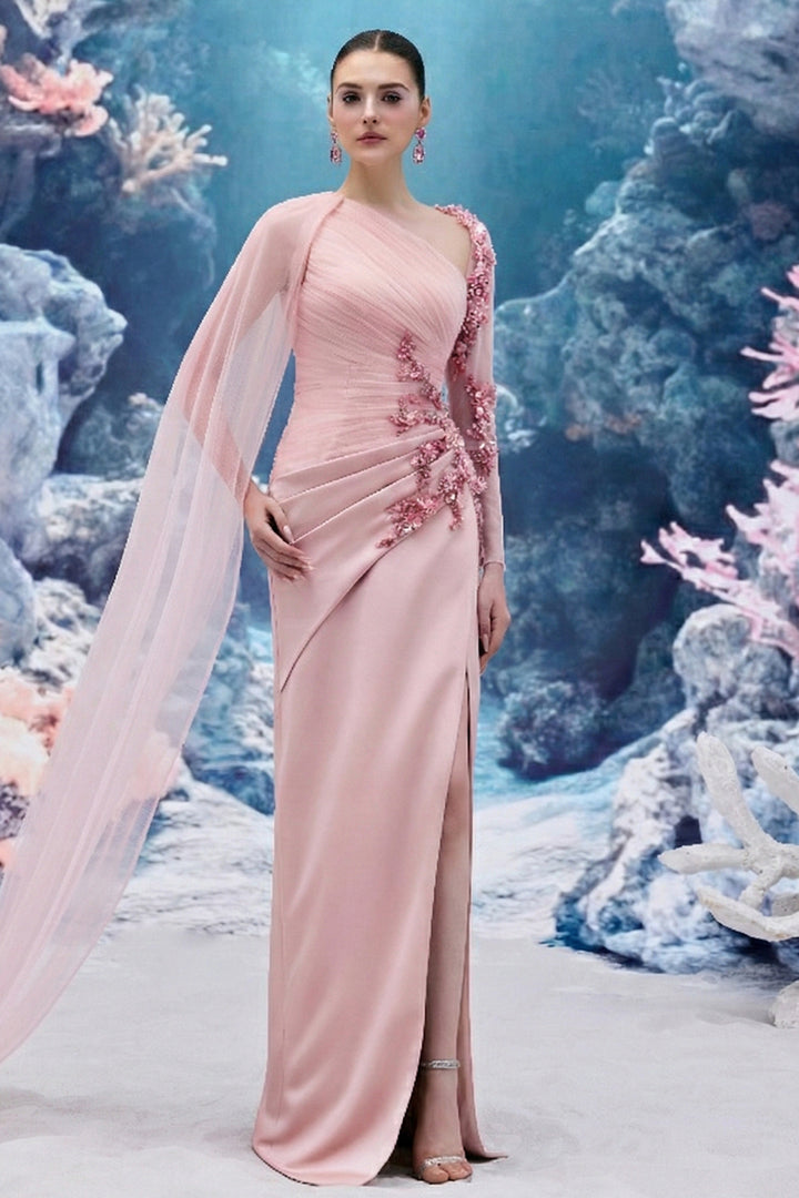 Draped Silk Satin V-neck Dress with 3D Embellishments