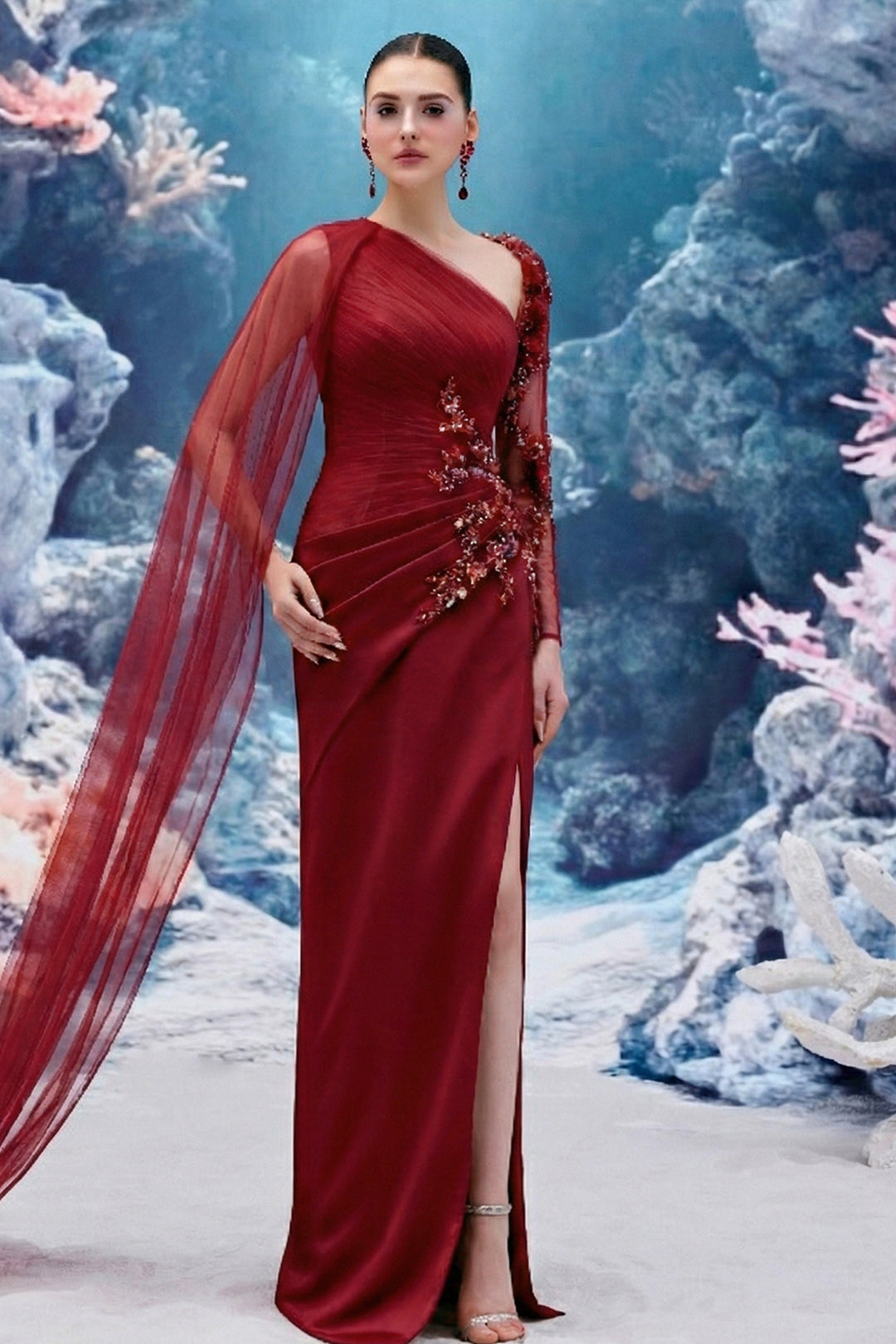 Draped Silk Satin V-neck Dress with 3D Embellishments
