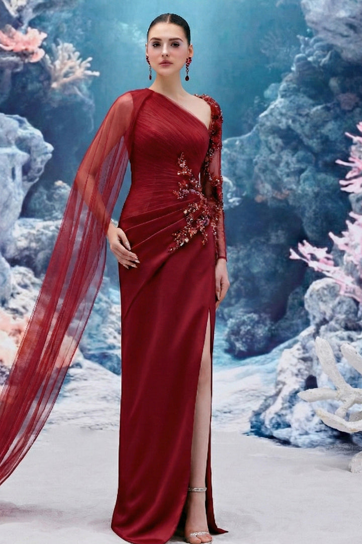 Draped Silk Satin V-neck Dress with 3D Embellishments