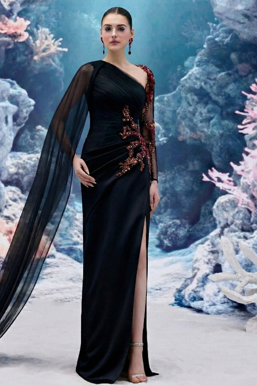 Draped Silk Satin V-neck Dress with 3D Embellishments