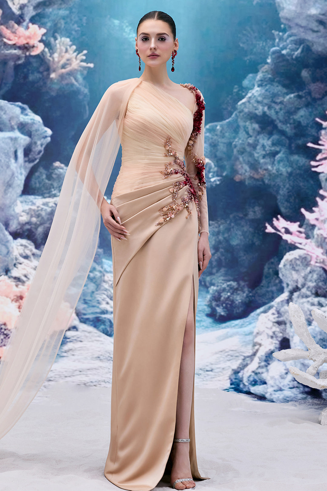 Draped Silk Satin V-neck Dress with 3D Embellishments