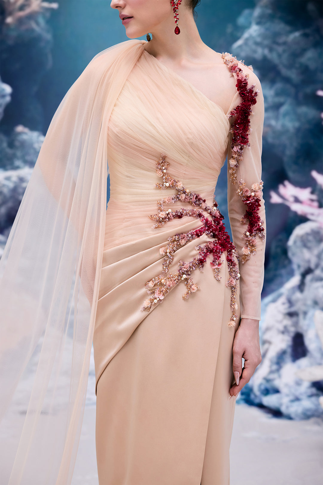 Draped Silk Satin V-neck Dress with 3D Embellishments