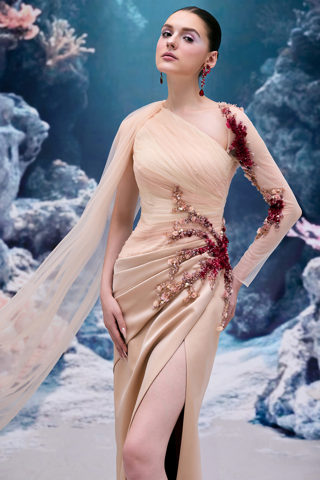 Draped Silk Satin V-neck Dress with 3D Embellishments