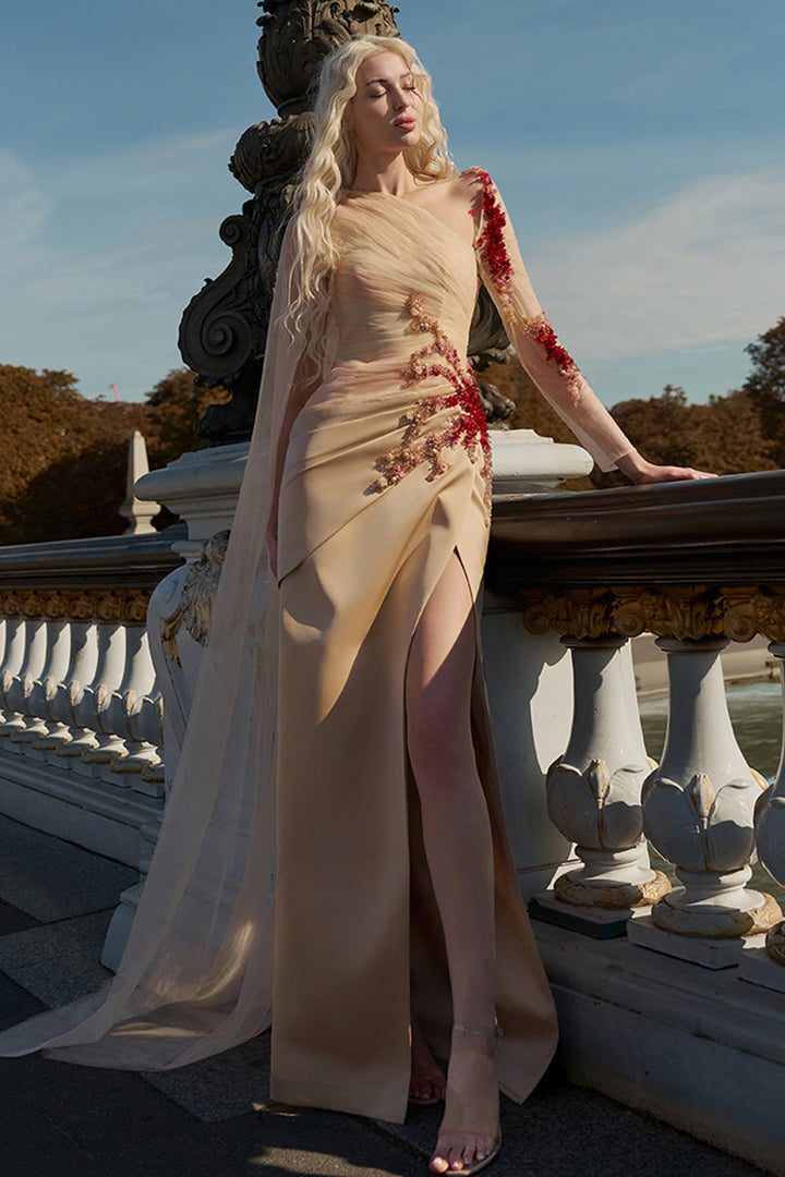 Draped Silk Satin V-neck Dress with 3D Embellishments