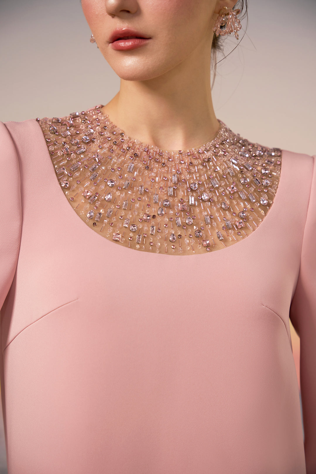 Crepe Long Dress with Crystal Neckline