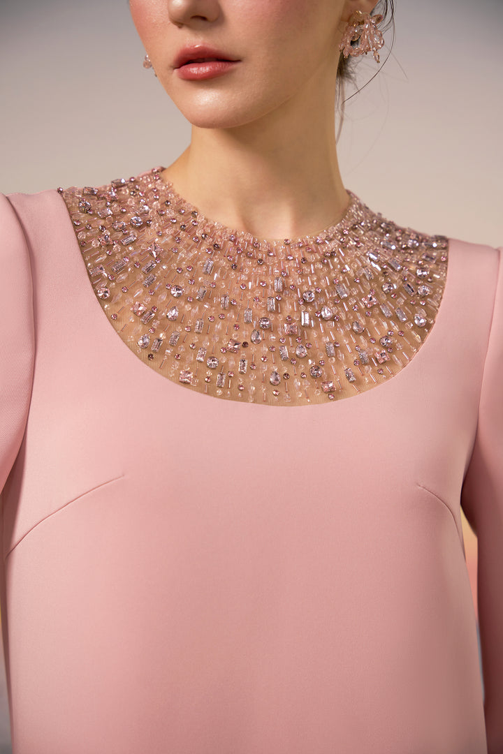 Crepe Long Dress with Crystal Neckline