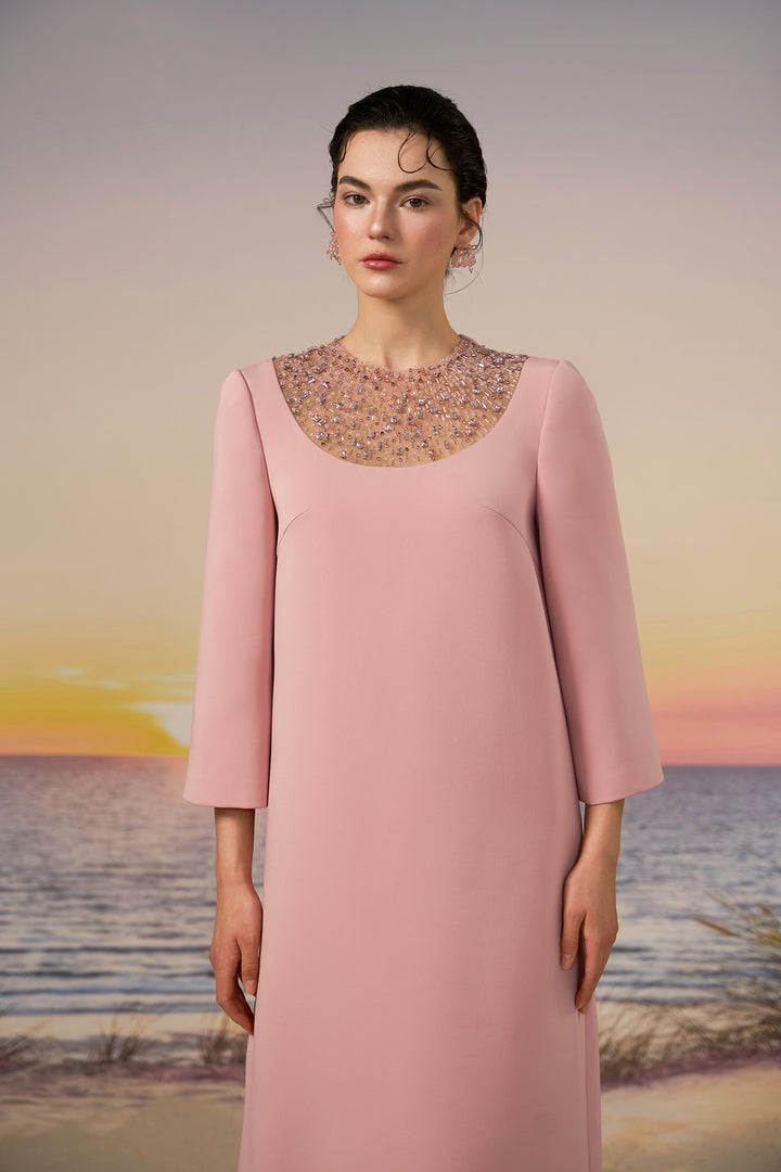Crepe Long Dress with Crystal Neckline