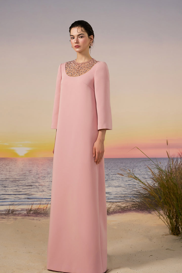 Crepe Long Dress with Crystal Neckline
