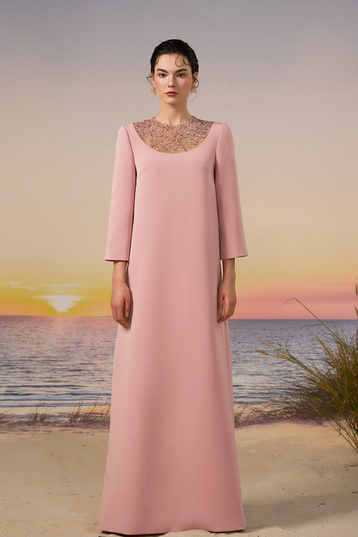 Crepe Long Dress with Crystal Neckline