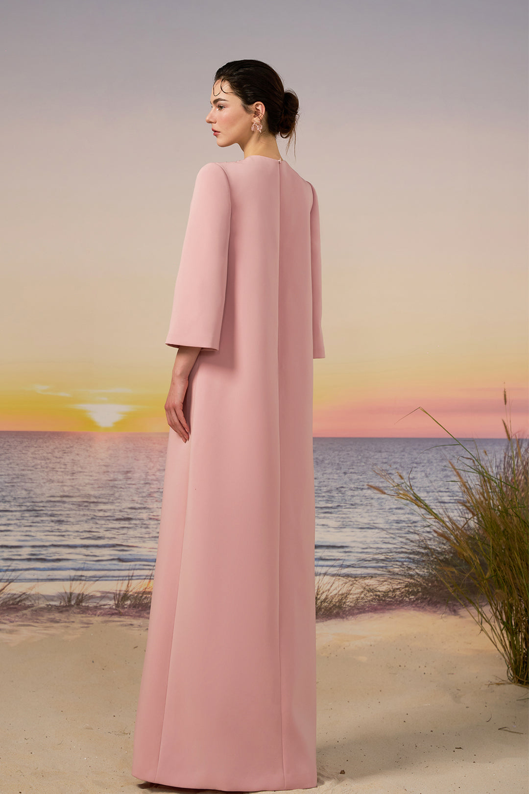 Crepe Long Dress with Crystal Neckline