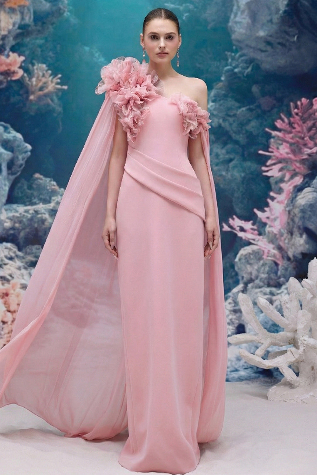 3D Floral One-Shoulder Dress