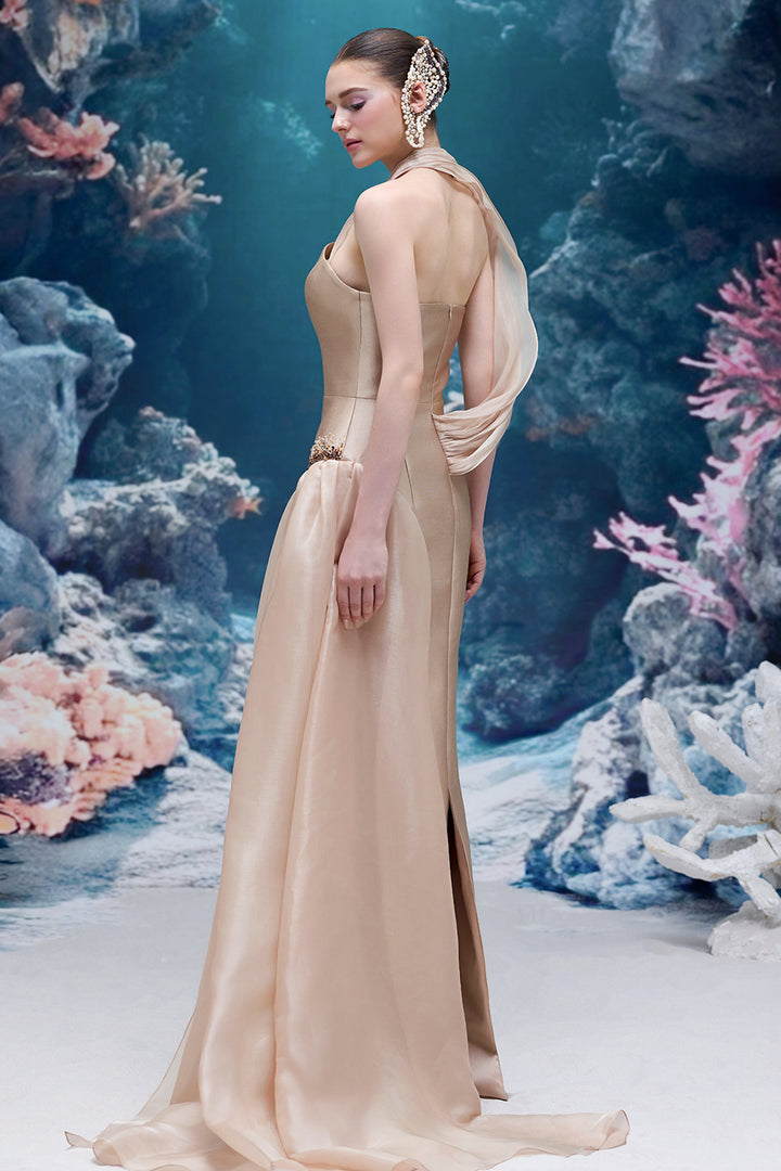 Halter-Neck Taffeta Dress with Draped Chiffon and Crystals