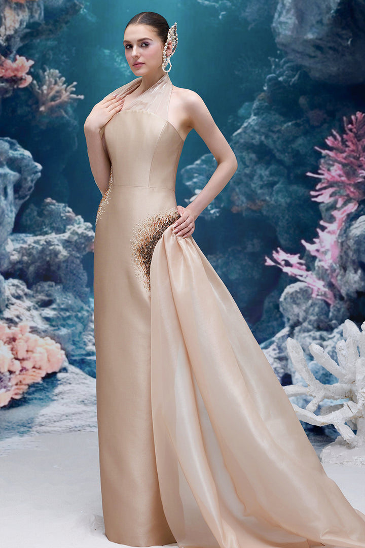 Halter-Neck Taffeta Dress with Draped Chiffon and Crystals