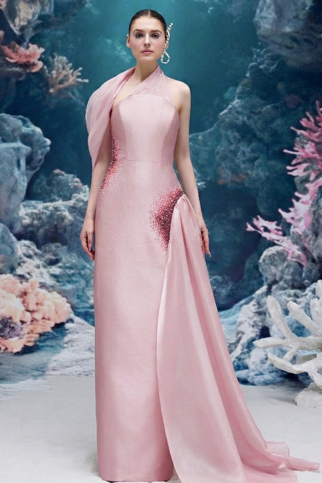 Halter-Neck Taffeta Dress with Draped Chiffon and Crystals