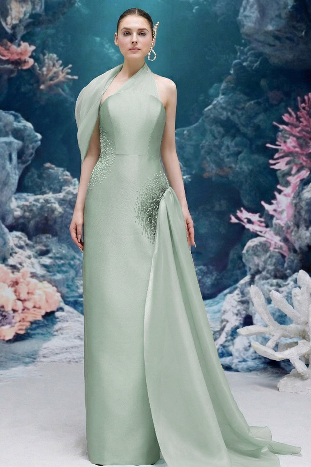 Halter-Neck Taffeta Dress with Draped Chiffon and Crystals