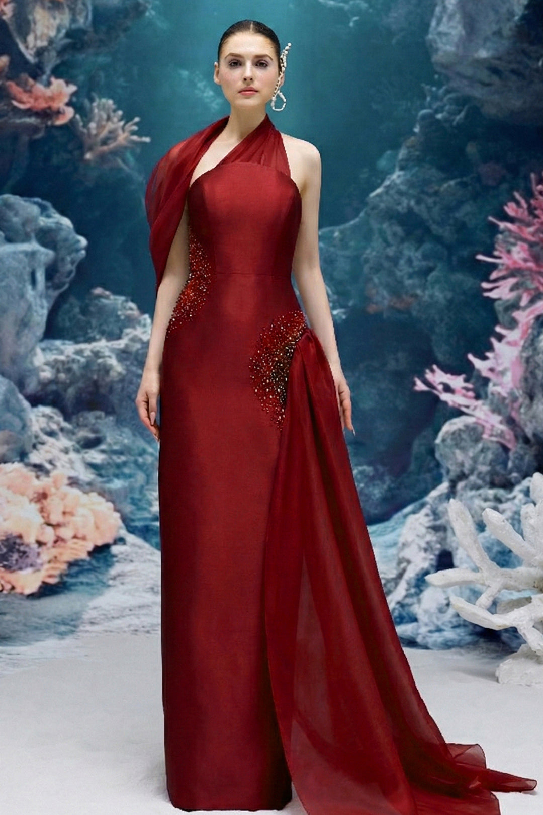 Halter-Neck Taffeta Dress with Draped Chiffon and Crystals