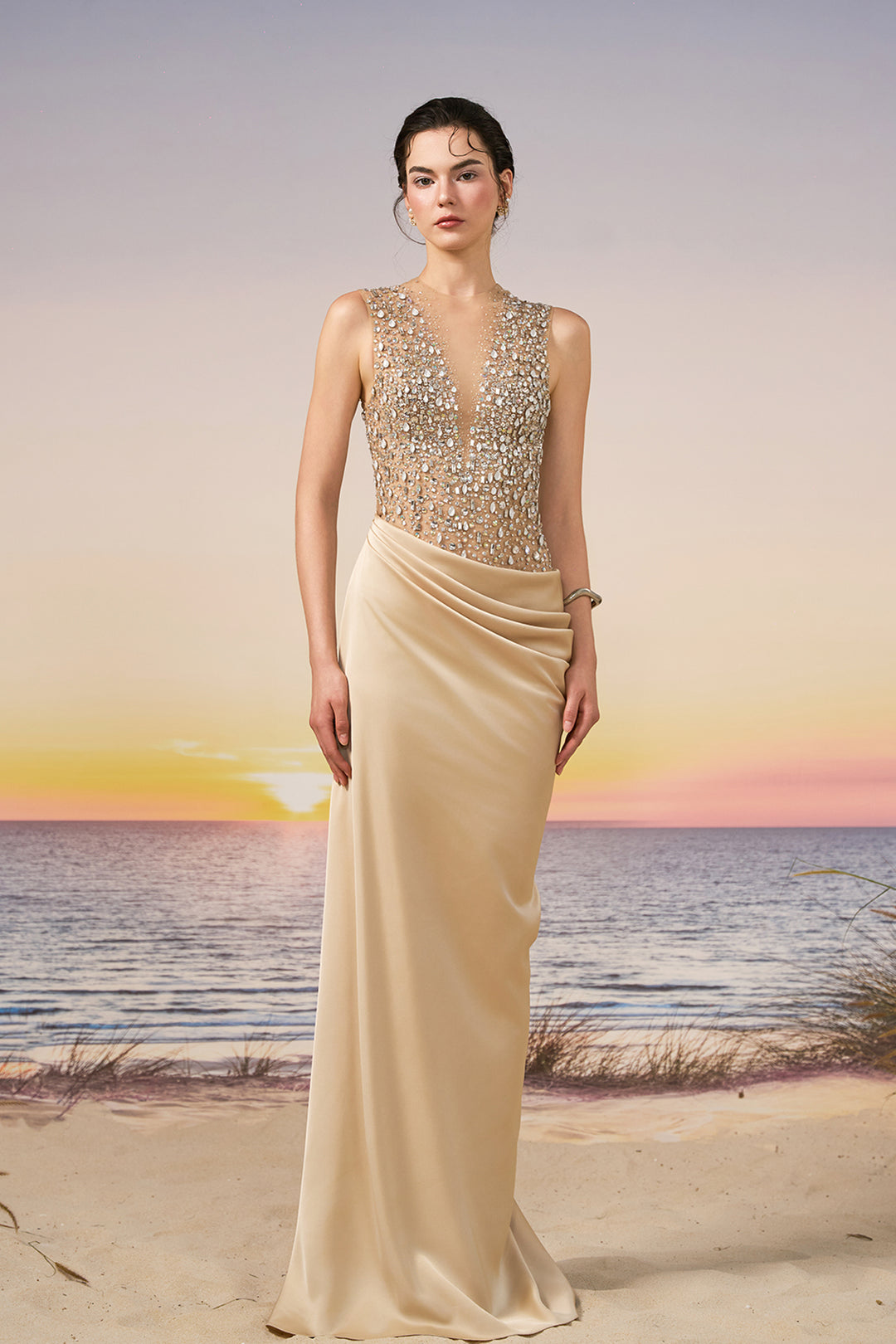 crystal satin dress Azazie 2026 Open Back Column Prom Dress Mist Gown