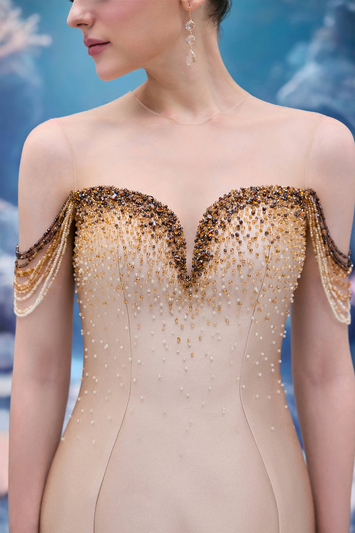 Beaded Royal Taffeta Dress with Draped Crystal Strands