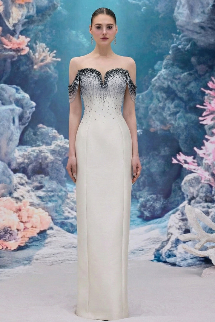 Beaded Royal Taffeta Dress with Draped Crystal Strands