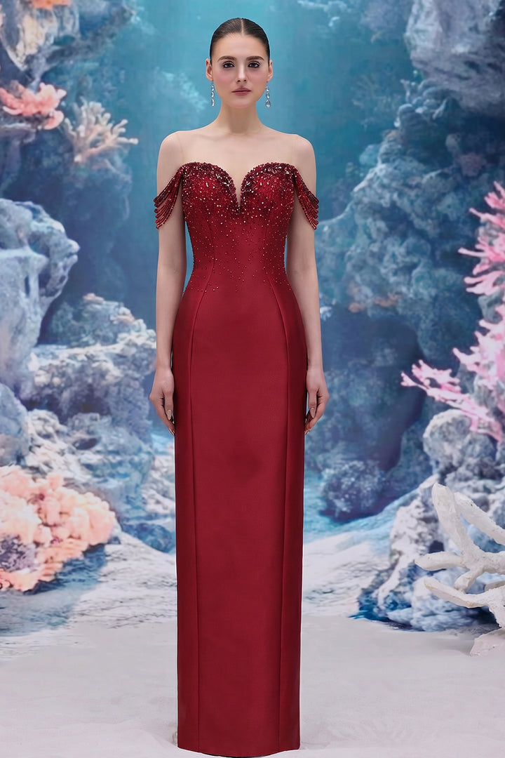 Beaded Royal Taffeta Dress with Draped Crystal Strands