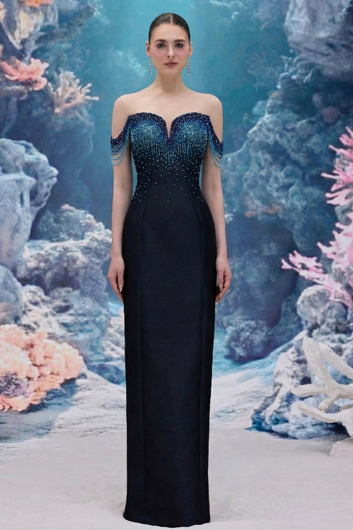 Beaded Royal Taffeta Dress with Draped Crystal Strands