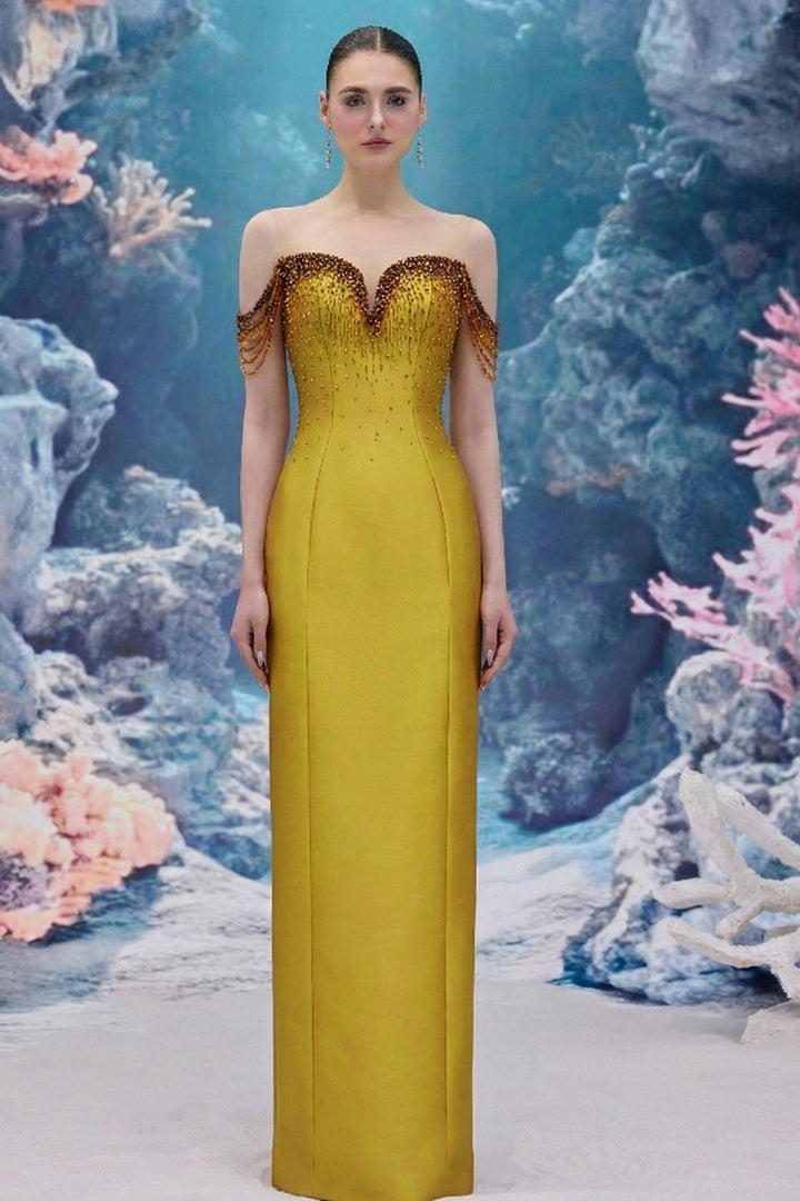 Beaded Royal Taffeta Dress with Draped Crystal Strands