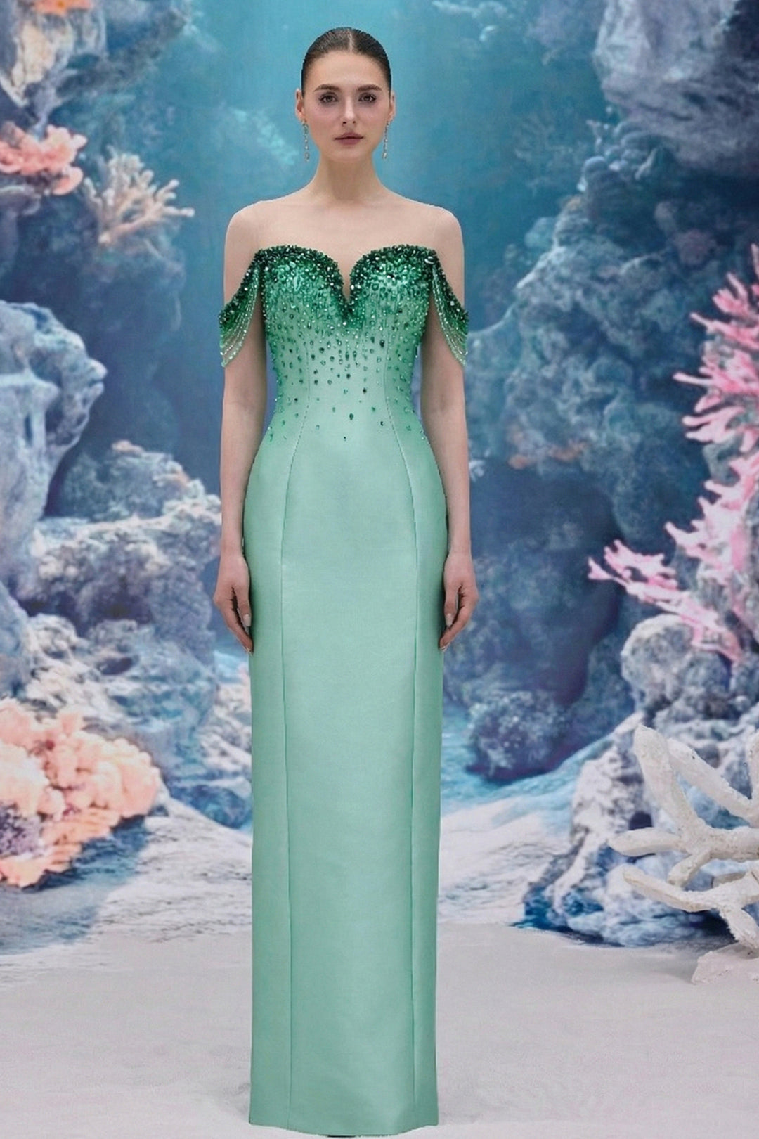 Beaded Royal Taffeta Dress with Draped Crystal Strands