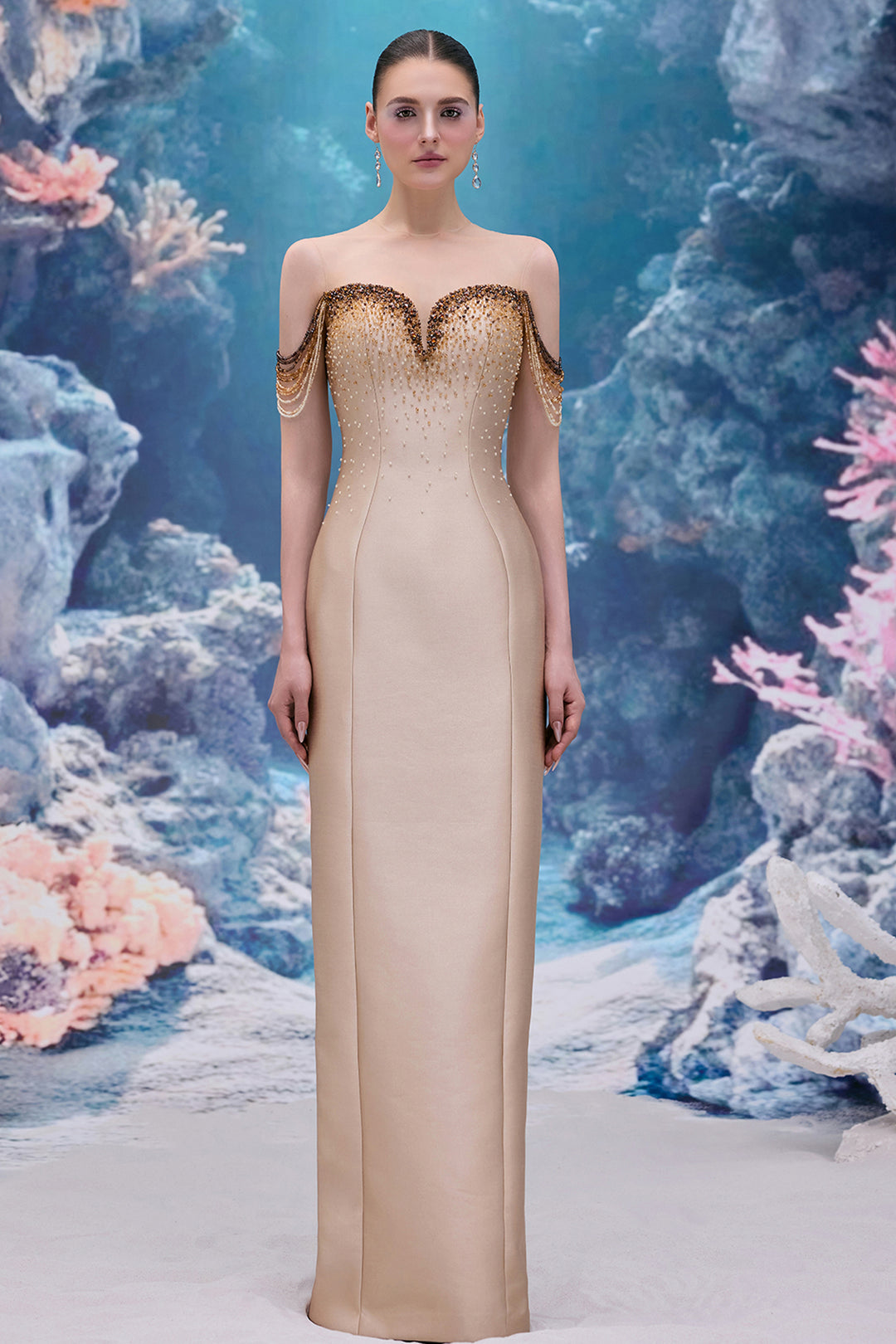 Beaded Royal Taffeta Dress with Draped Crystal Strands