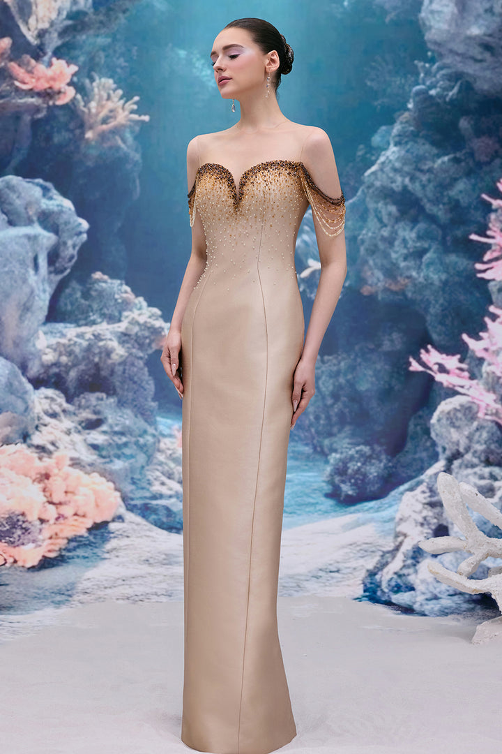 Beaded Royal Taffeta Dress with Draped Crystal Strands