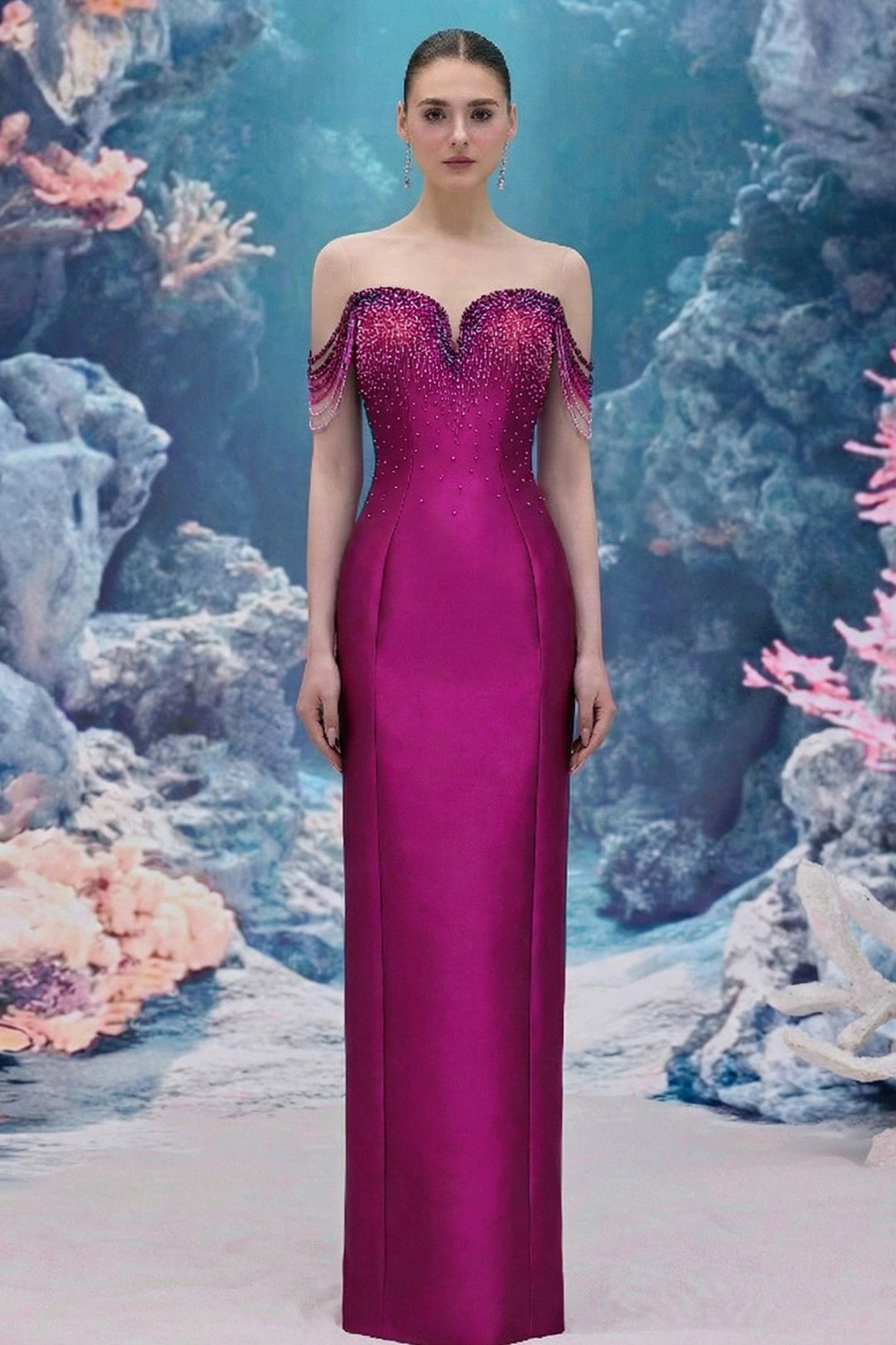 Beaded Royal Taffeta Dress with Draped Crystal Strands