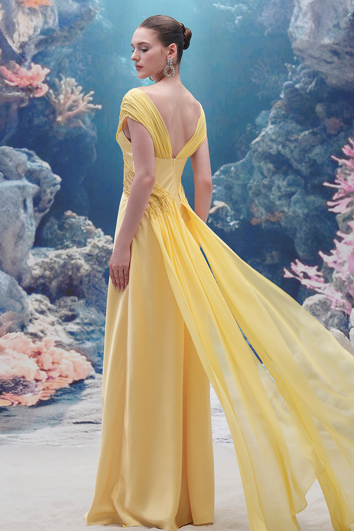 Wavy Bodice Silk and Chiffon V-neck Dress